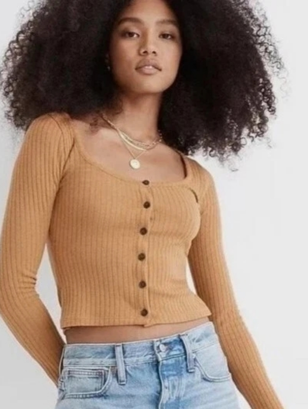 Madewell Ribbed Cardigan Crop Tee, Color Toffee Size S